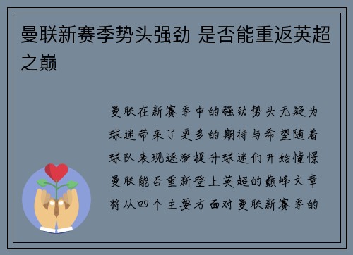 曼联新赛季势头强劲 是否能重返英超之巅