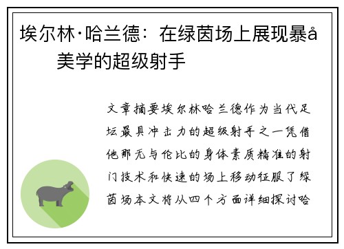 埃尔林·哈兰德：在绿茵场上展现暴力美学的超级射手